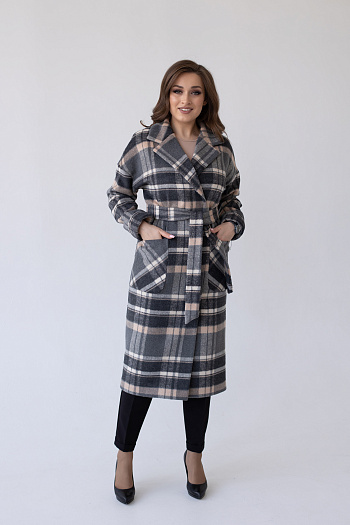 2 Пальто женское демисезонное 20550 (клетка серый+беж)