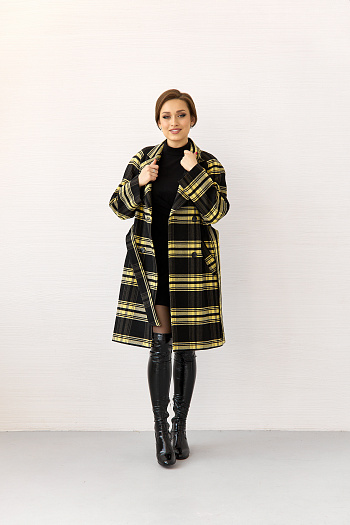 2 Пальто женское демисезонное 23220 (клетка черно-желтая)