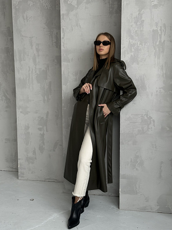 2 Плащ женский 1826 (хаки/экокожа)