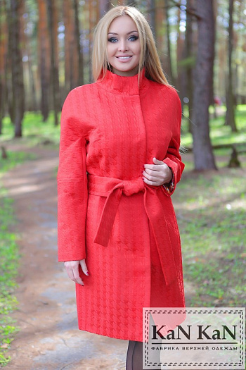 2 Летнее пальто  из жаккарда прямой силуэт  пояс (красный)