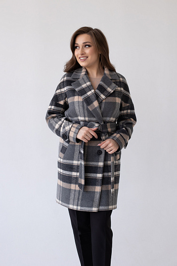 Пальто женское демисезонное 22970 (клетка серый+беж)