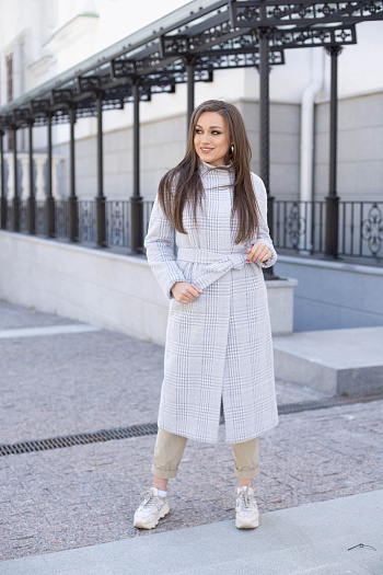 2 Пальто женское демисезонное 22101  (голубой/клетка) 